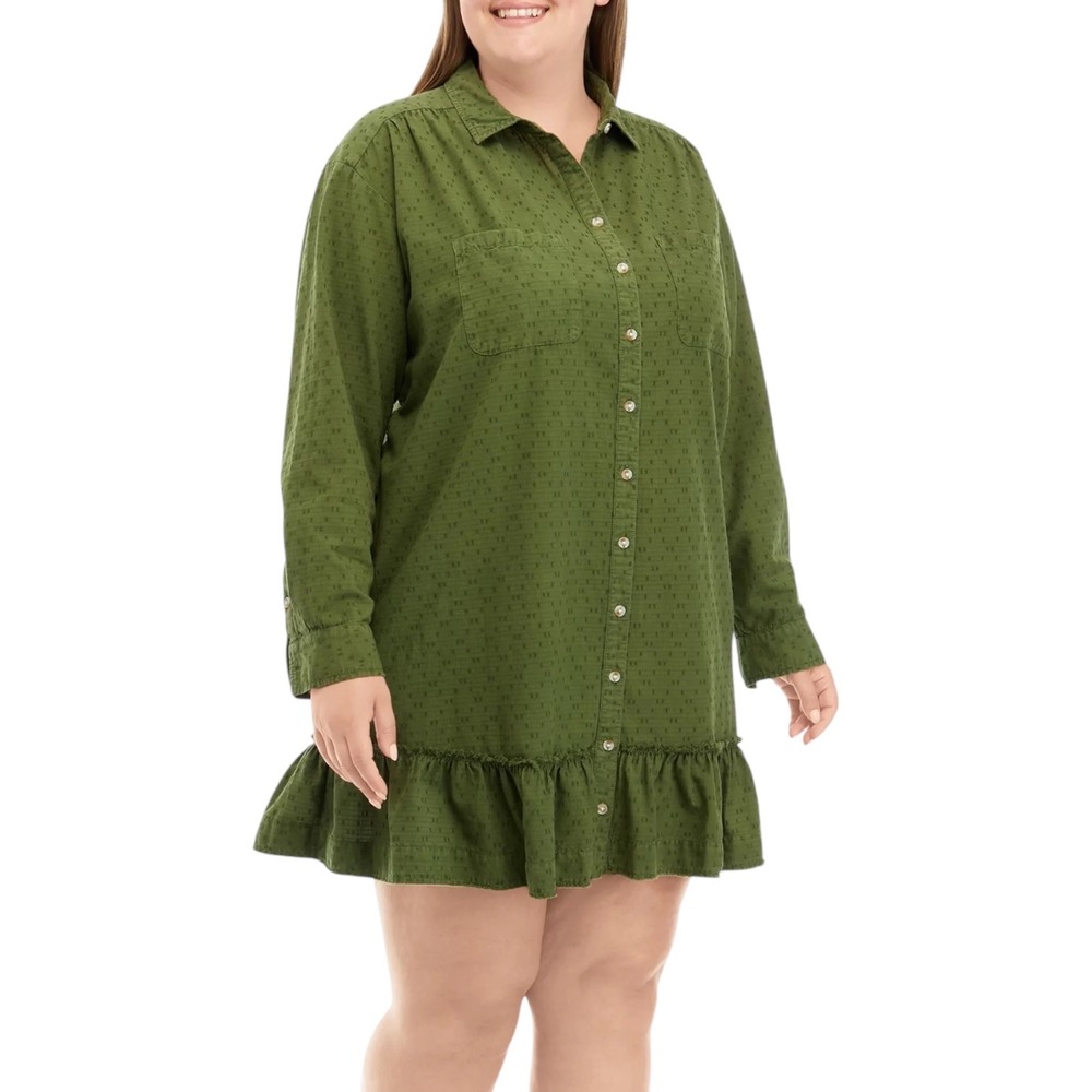 Wonderly Plus Size 3X Shirt Dress Mini Green Ruffle Hem Peasant Cottagecore 1378